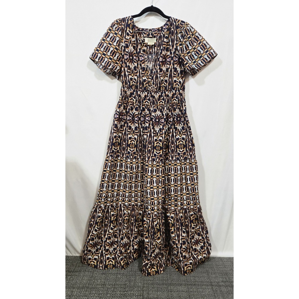 Anthropologie Woven Printed V Neck Maxi Dress M Geometric Puff Sleeve Boho